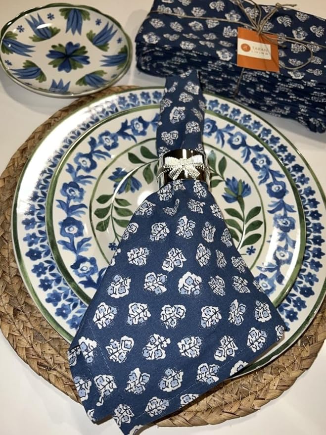 TARAN LIVING Cotton Cloth Napkins Reusable Floral Napkin Printed Dinner Napkin Set Cloth Daily Use Machine Washable Dish Cloth Gift for Valentine Home Decor Set of 12, Indigo Blue, 18x18 Inches