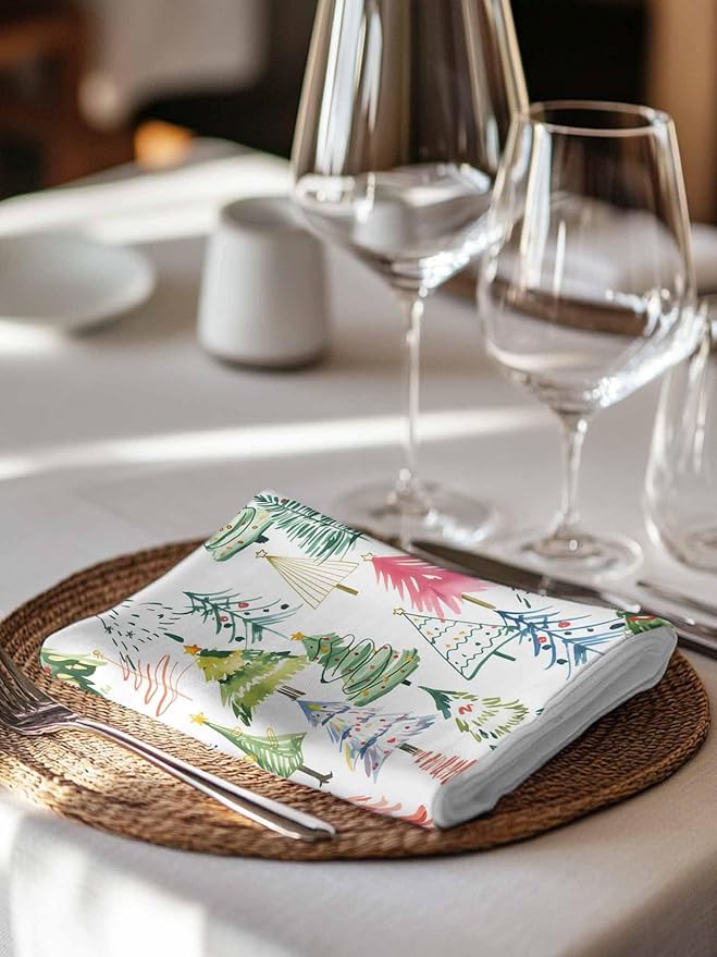 Christmas Tree Cloth Napkins Set of 6, Green Pink Blue Xmas Trees Washable Dinner Napkins Colorful Cartoon Plant Table Reusable Napkin for Home Party Wedding Dining Table Decoration, Oversized 20"x20"