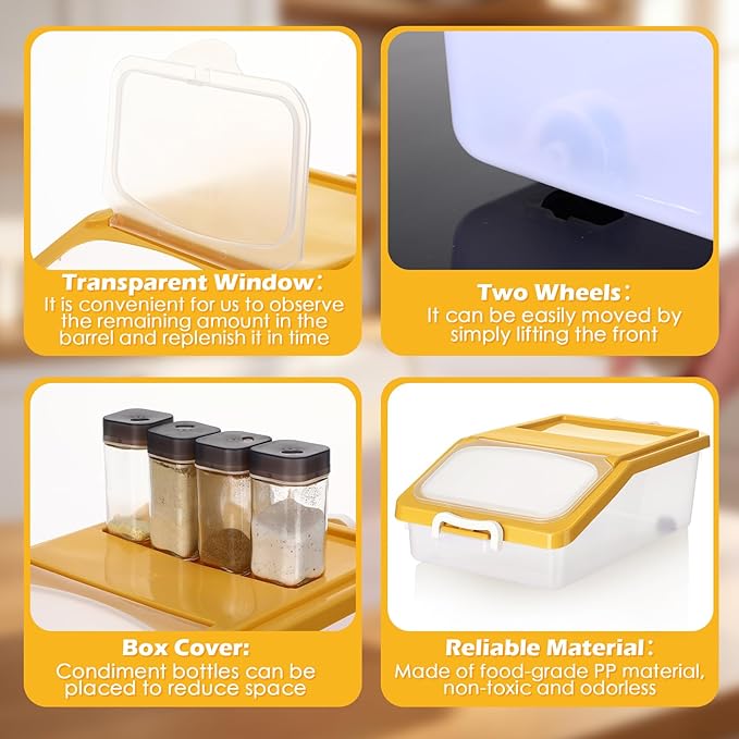 Blushtier 3 Pcs Rice Storage Container 11 lb Airtight Flour Container with Wheels Measuring Cup Clear Pet Food Dog Cat Birds Food Bin Grain Cereal Organizer Box for Dry Baking Supplies(Yellow)