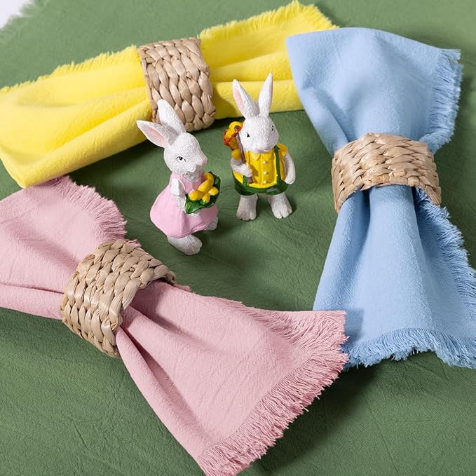 DeZerlor 12 Pack Easter Color Cotton Linen Napkins with Fringe Easter Spring Cloth Napkins Set of 6 12 Boho Handmade Dinner Napkins Bulk for Wedding Bridal Baby Boy Shower Parties, 17 x 17