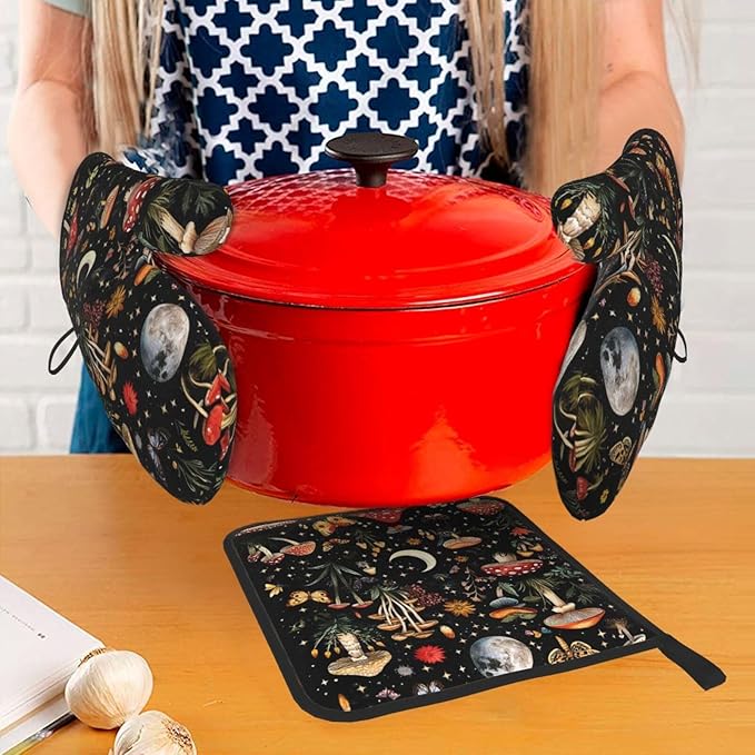 Cute Mushroom Oven Mitts and Pot Holders Sets of 3, Heat Resistant Black Hot Pads Oven Gloves with Hanging Loop for Cooking Grilling Baking, Boho Kitchen Decor, Witchy Gifts for Women Mushroom Lovers