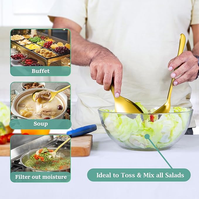 Teivio Hammered Stainless Steel Metal Serving Utensils Set of 9, 10" Serving Spoons, 10" Slotted Spoons, 9" Serving Tongs, Large Hostess Serving Set for Parties Chafing Dish Buffet Catering (Gold)
