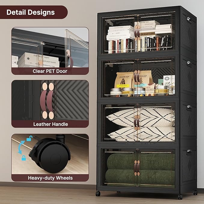 UAMFURI Stackable Storage Bins with Lids, 1440QT Lockable Storage Cabinet，Foldable Storage Box with Doors and Wheels, Plastic Drawers for Home, Garage, Office (8, Black, Extra Large)