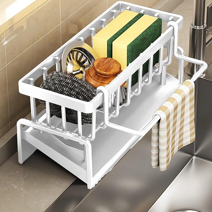 Sponge Kitchen Sink Caddy Organizer Brush Sink Sponge With Auto Draining Tray, Self Drain Dish Soap Caddy, 9.05" Lx4.33 Wx3.93 H (white)