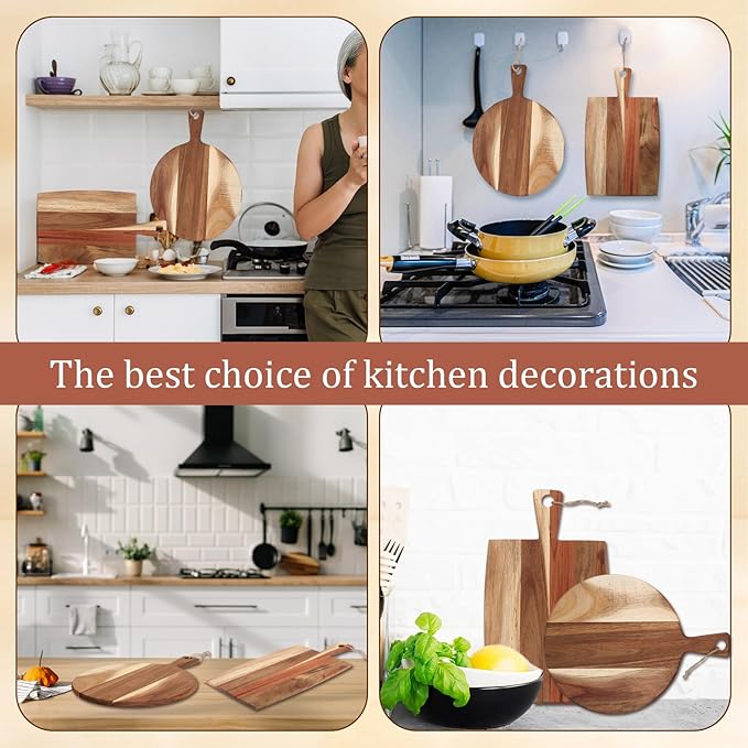 Hsei 2 Pcs Acacia Wood Cutting Board with Handle Wooden Charcuterie Board Large Paddle Carving Chopping Set Butter Serving Tray for Cheese Meat Fruit Pizza Bread Baking(Classic Handle)