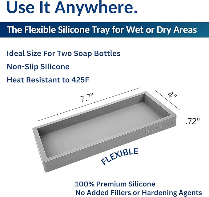 Spacewiser Countertop and Vanity Tray - Small 7.7" Silicone Tray for Soap Dispenser Bottles, Bathroom Trays, Kitchen Sink Soap Trays, Sink Caddy Kitchen Sinks Organizer, Soaps Dish & Sponge Holder Mat