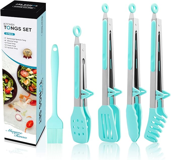 5-Pack Silicone Tongs for Cooking,Maywe Tanso 4PCS 13-Inch Kitchen Tongs with Silicone Tips,Nonstick Stainless Steel Tong for Steak Pie Pizza Pasta Spaghetti Salad BBQ Buffet,Plus Brush
