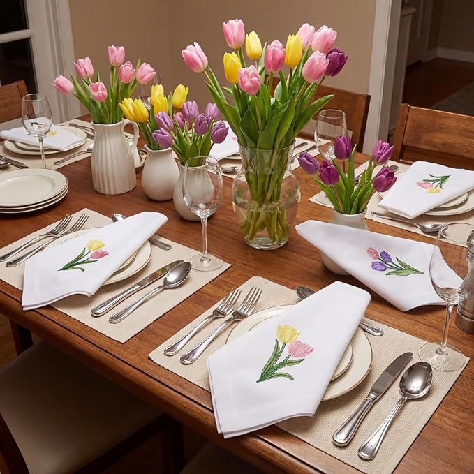 HunnmingRe 12 Pcs Spring Floral Cloth Napkins 100% Cotton Pink Tulip Dinner Tea Party Napkins Embroidered Handtowel Country French Reusable Washable for Dinner Kitchen Weddings Cocktail 17x17inch