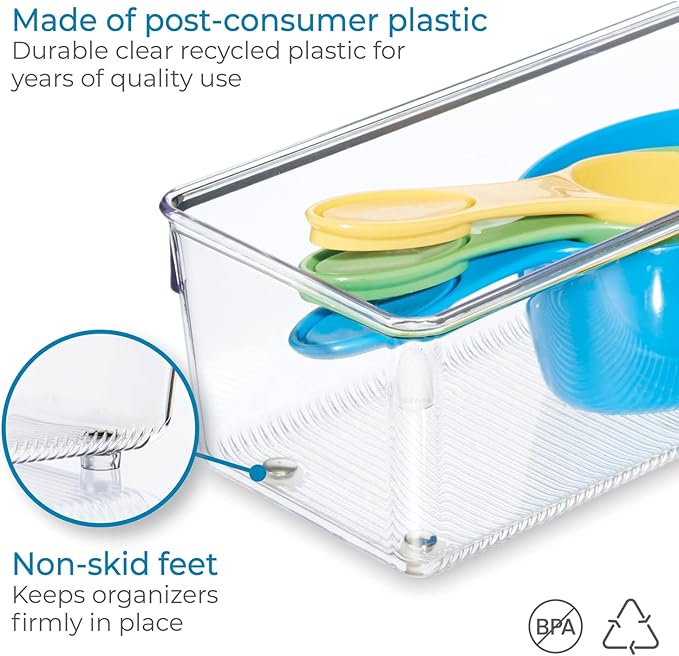 iDesign Linus Plastic Kitchen Drawer Organizer for Silverware, Spatulas, Cutlery, Gadgets, Office Supplies, Cosmetics, 4" x 8" x 3" - Clear