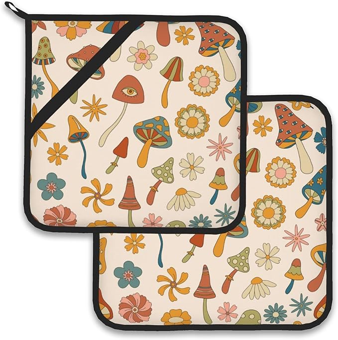 Retro Hippie Boho Mushrooms Groovy Flowers Pot Holder Set of 2,Heat Resistant Potholders Oven Hot Pads for Kitchen Cooking Baking BBQ