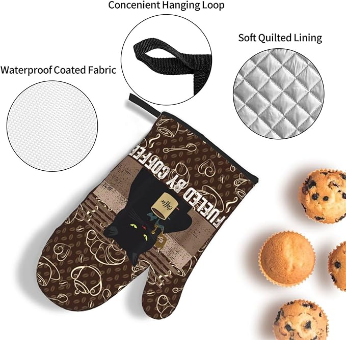 Vintage Cat Oven Mitts and Pot Holders Sets of 3 Retro Coffee Hot Pads Oven Gloves Heat Resistant Non Slip Washable for Kitchen Cooking Grilling Baking