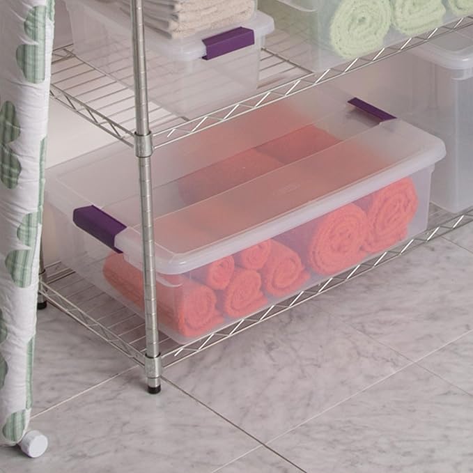 Sterilite 32 Qt ClearView Latch Storage Box, Stackable Bin with Latching Lid, Plastic Container to Organize Clothes Underbed, Clear Base, Lid, 6-Pack