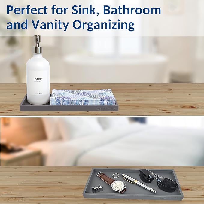 Spacewiser Countertop and Vanity Tray - 2 PC Large 11.7" Silicone Bathroom Trays, Counter Organizer, Dish Soap Sponge Holder Kitchen Sink Tray Organizer, Sink Caddy Toothbrush Key Kitchen Soap Trays