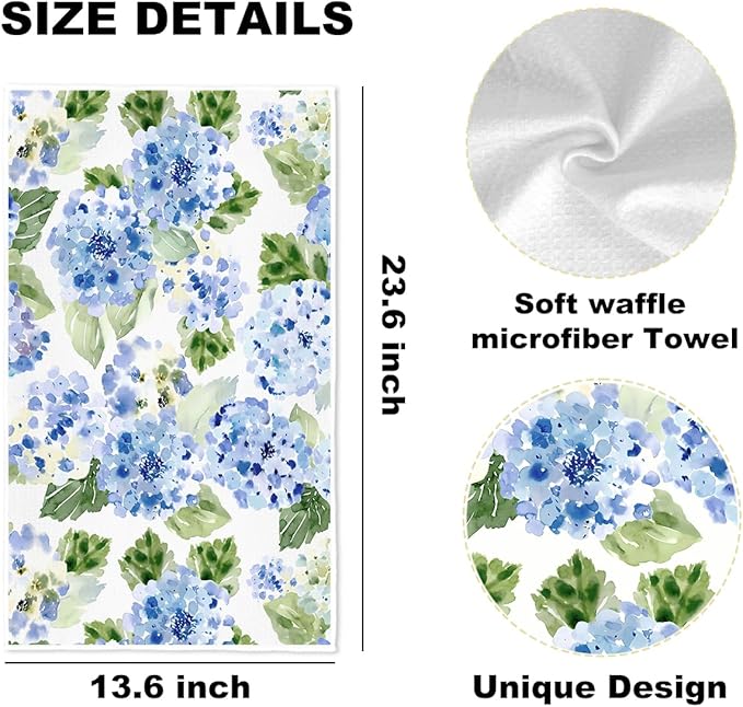 ZHAMEN 3 Pcs Blue Hydrangea Kitchen Towels, Watercolor Decorative Absorbent Microfiber Dish Cloth Tea Towel, Rustic Waffle Soft Hand Towels for Farmhouse Home Bathroom, Housewarming Gifts for Women