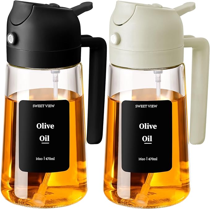 SWEET VIEW 2PCS Oil Sprayer for Cooking, 16oz/470ml Glass Oil Dispenser/Pour Bottle, Kitchen Accessories, Kitchen Gadgets for Air Fryer, Salad, BBQ, with Stickers (Black,White)