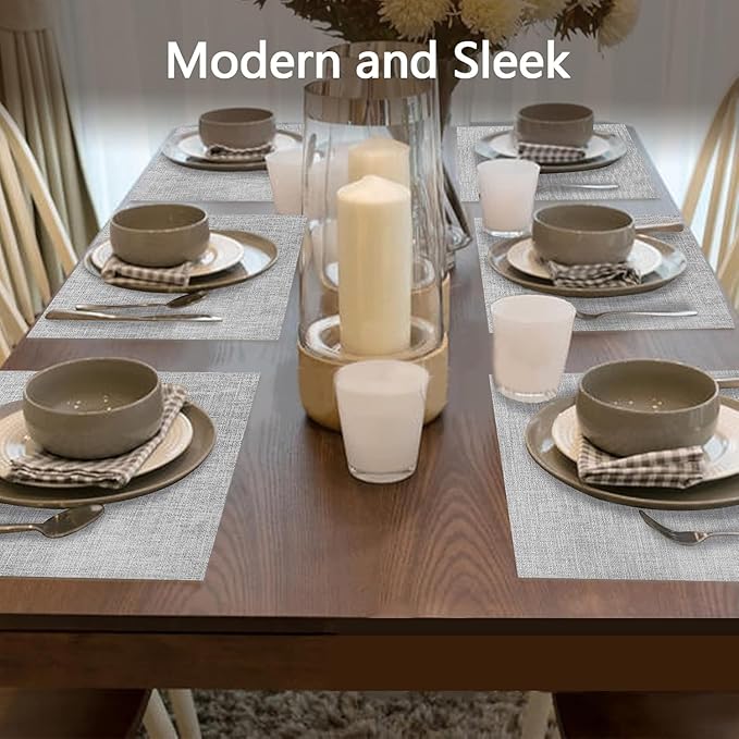 DACHUI Placemats Set of 8, Linen Look Woven Place Mats, Water Resistant, Heat Resistant, Washable, Durable Table Mats (Smoky Grey)
