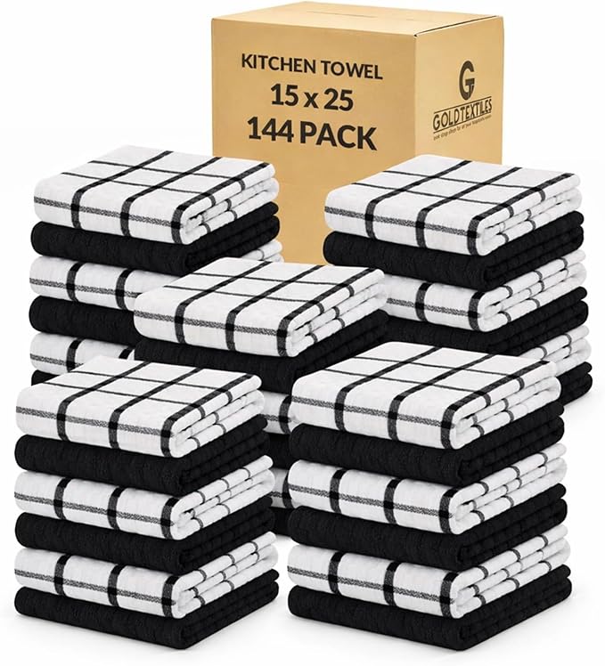 GOLD TEXTILES 100% Cotton Waffle Weave Kitchen Dish Towels 15x25 Inches, Ultra Soft Absorbent Quick Drying Dish Towels (144, Black)