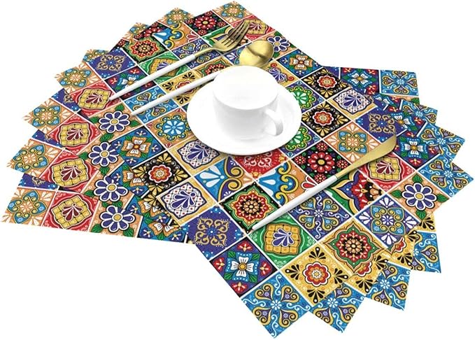 Mexican Talavera Tile Linen Placemats Set of 4, Colorful Place Mats for Dining Table, Heat-Resistant Washable Non-Slip Table Mats, Spring Easter Gifts for Festival Culture Lovers, Kitchen Home Decor