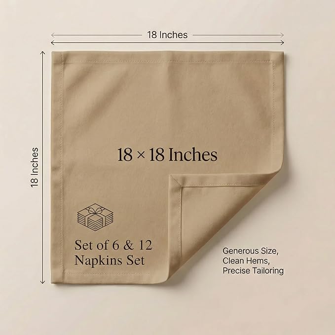 Accent Home 100% Cotton Napkins, Delicate Cloth Napkins for Dinners, Parties and Weddings，18 x 18 Inch Set of 6 - Brown