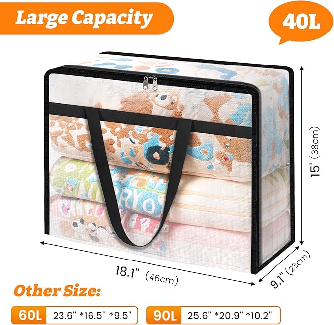 BlissTotes 6 Pack Clear Clothes Storage Bags, Moving Bags, Foldable Blanket Storage Under Bed Storage Containers with Sturdy Zipper and Handle for Clothing, Comforter, Bedding, Sheet (40L)