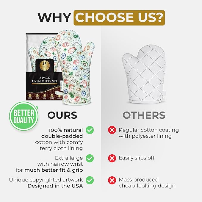 Premium Heat-Resistant Oven Mitts - Stylish and Beautiful - Non-Slip Platinum Silicone Grip - Long and Thick - 100% Natural Cotton Exterior and Soft Terry Cloth Lining - Cook'n'Chic Set of 2 - Green