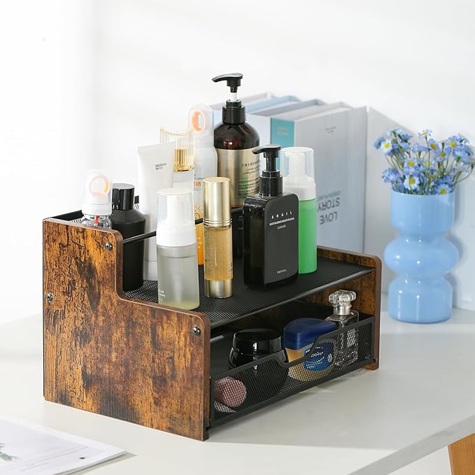 Bathroom Counter Organizer，Wood & Iron Spice Rack Organizer - Space Saving Desktop Storage Shelf for Kitchen Countertop, Office, Bathroom,Easy Assembly