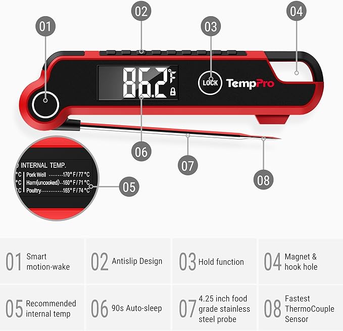 TempPro TP620 Instant Read Meat Thermometer Digital, Cooking Thermometer with Large Auto-Rotating LCD Display, Waterproof Food Thermometer Digital for Kitchen, BBQ, or Grill (Previously ThermoPro)
