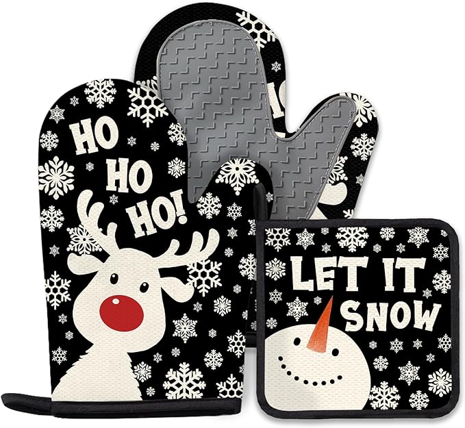 Christmas Snowman Oven Mitts & Pot Holders (3PCS), Cute Deer Snowflake Heat Resistant & Non-Slip Silicone Gloves for Cooking, Baking, BBQ, Christmas Kitchen Decor Gift