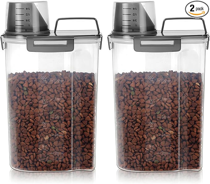 LEAWALK 3-5Lbs Airtight Small Cat Dog Pet Food Storage Containers BPA Free, with Large Pour Spout/1 Measuring Cup/ 4 Safety Locks and Double-layer Silicone Strip (Clear Black 2Pack)