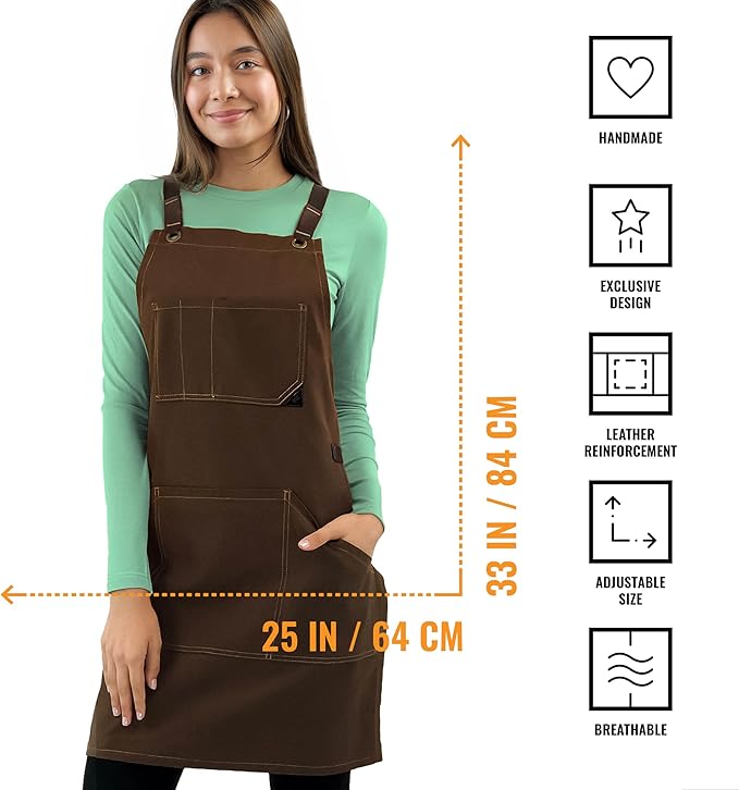 Under NY Sky Essential Chocolate Brown Apron – Cross-Back with Durable Twill and Leather Reinforcement, Adjustable for Men and Women – Pro Chef, Tattoo Artist, Baker, Barista, Bartender, Server Aprons
