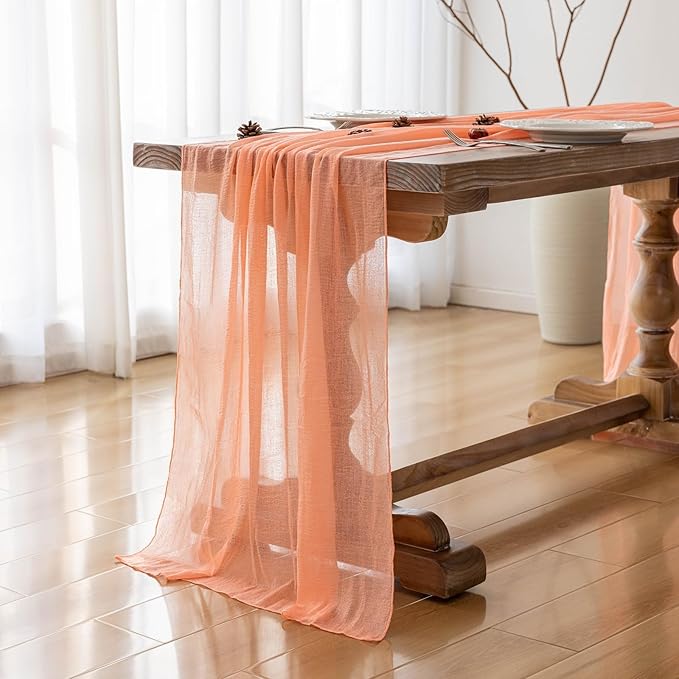 Keketoarrange 6pcs Fresh Salmon Cheesecloth Table Runner Valentines Decor Peach Echo Gauze 120 Inch 10 FT Boho Table Runner for Wedding Baby Shower Bridal Shower Party Sheer Spring Home Decorations