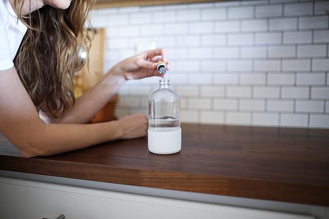 Clear Glass Spray Bottle with Silicone Sleeve for Cleaning Solutions, Essential Oils, Plants, Vinegar - 16 oz, Refillable, Food Safe (Ocean Turquoise)