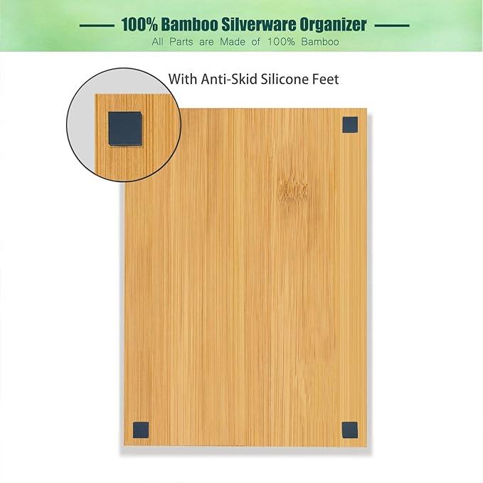 guiogc Kitchen Bamboo Silverware Drawer Organizer，Silverware Organizer and Cutlery Tray with Grooved Drawer Dividers for Silverware, Knives in Kitchen, Bedroom (5 Slot-Natural)