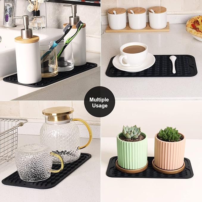 ZLR 2 Pcs Silicone Sponge Holder & Sink Caddy Tray (6" x 12") - Narrow Dish Drying Mat for Kitchen Counter - Waterproof Soap Dispenser Organizer, Non-Slip Bathroom Vanity Tray (Black)