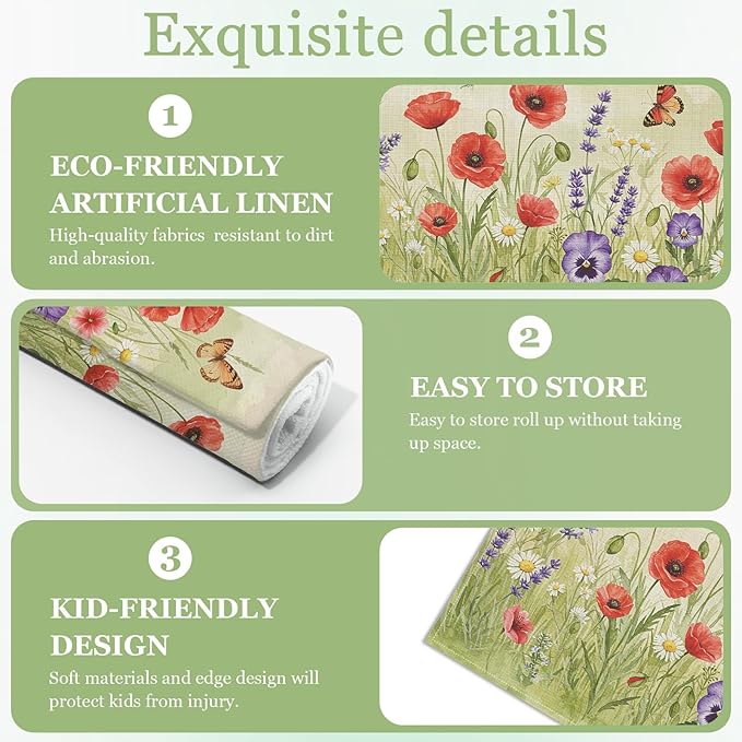 Poppy Flower Butterfly Placemats Set of 6, Washable Heat Resistant Table Mat Linen Place Mats for Party Kitchen Dining Home Decor 12x18 Inch