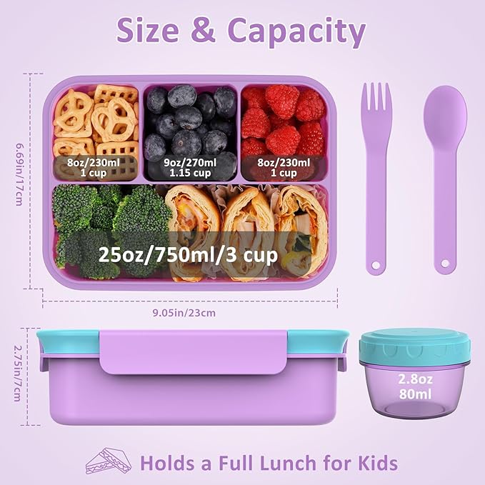 Caperci Bento Box for Kids - 50oz Larger Lunch Box Containers for Kids, Reinforced Leakproof, Built-in Sauce Cup, Utensils, 4 Compartments, BPA-Free Microwave & Dishwasher Safe (Lavender Pop)