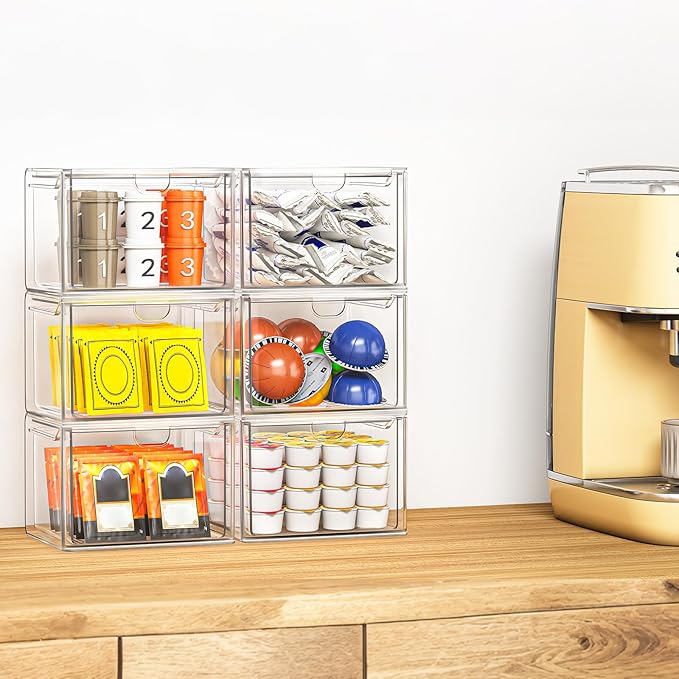caktraie 6 Pack Small Stackable Stroage Drawers, Acrylic Bathroom Makeup Organizer, Plastic Storage Bins For Vanity, Undersink, Kitchen Cabinets, Pantry, Home Organization
