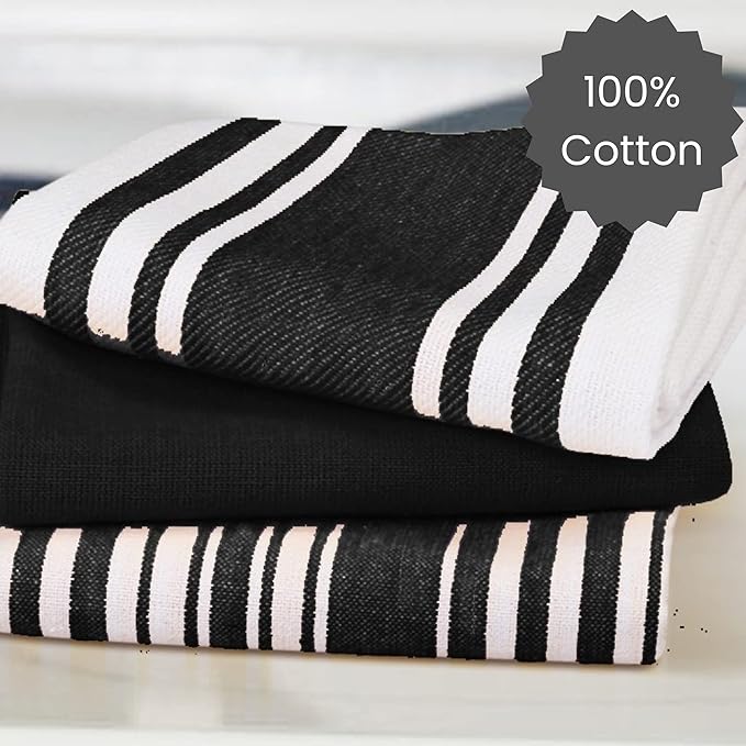 Cotton Clinic Assorted Kitchen Towels 5 Pack – Soft Absorbent Quick Drying Table & Kitchen Linen - Dish Towels, Dish Cloths, Tea Towel and Cleaning Towel with Hanging Loop – 16x28 / Black White