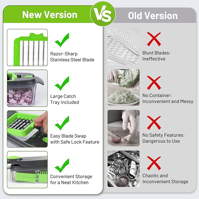 Veggie Chopper 13 in1 Onion Chopper ·Vegetable Chopper with Container · Salad Chopper · Potato cutter – Gift for Home Cooks & Home Essentials (Grey & Green)