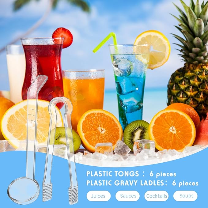 12 Pieces Plastic Serving Utensils Set Including 6 Pcs 1 oz Small Ladle and 6 Pcs Tong Acrylic Long Handle Ladle for Serving Sauce, Soup, Dressing, Punch Bowl, Gravy for Party Banquet Catering(Clear)