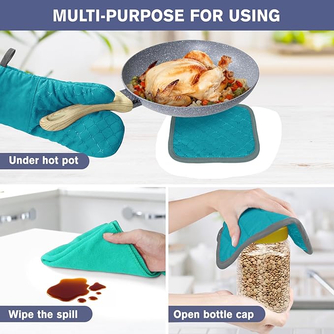6 Pcs Oven Mitts and Pot Holders, 500℉ Heat Resistant Oven Mitts with Kitchen Towels Soft Cotton Lining and Non-Slip Silicone Surface Safe for Baking, Cooking, BBQ (Lake Blue)