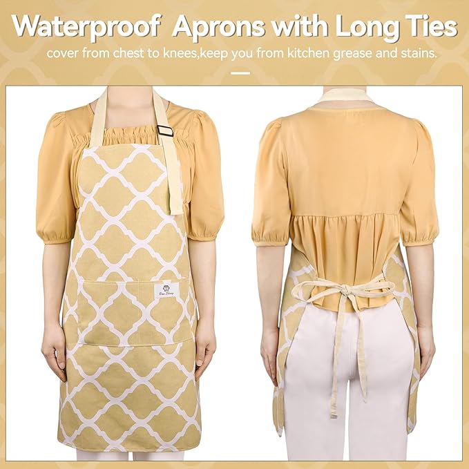 2 Pieces Aprons for Women with Pockets, Cotton Linen Waterproof Kitchen Cooking Aprons, Chef Apronfor Men Women with Adjustable Neck Strap and Long Ties(Pink/Yellow)