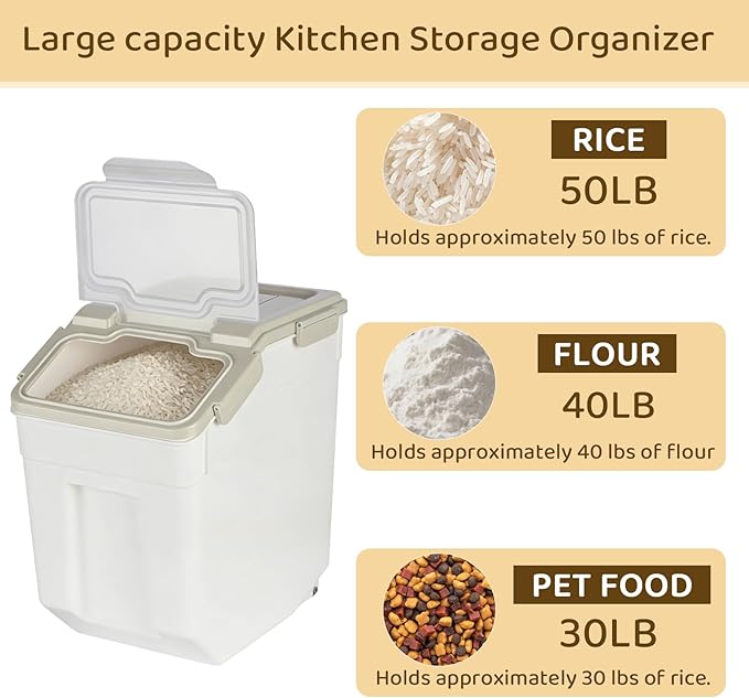 PENCK Rice Storage Container 50 lbs Large Household Flour Sugar Containers Airtight Grain Cereal Dispenser with Wheels, Locking Lid & Measuring Cup for Kitchen Pantry Organization, 2 Pack(Grey)