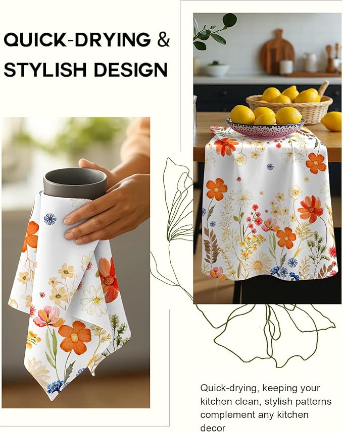 Miss Adola Flour Sack Kitchen Towels Set of 2-18x26 Cotton Dish Towels with Hanging Loop Reusable Tea Towel for Cleaning Spring Absorbent Dishcloths Cute Home Decor Housewarming, Red Flower