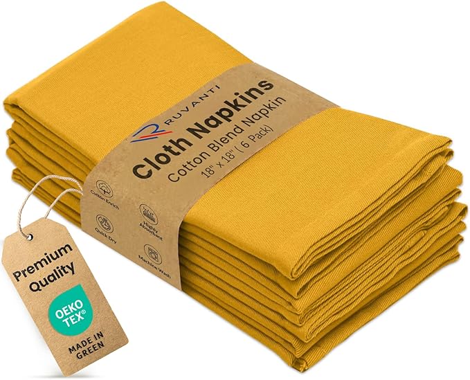 Ruvanti Cloth Napkins Set of 6, 18x18 Inches Napkins Cloth Washable, Soft, Durable, Absorbent, Cotton Blend. Table Dinner Napkins Cloth for Hotel, Lunch, Restaurant, Wedding Parties - Mustard