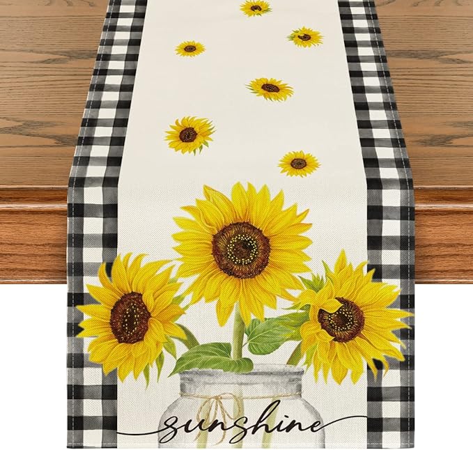 Artoid Mode Buffalo Plaid Sunflower Sunshine Vase Summer Table Runner, Spring Kitchen Dining Table Decoration for Home Party Decor 13x36 Inch