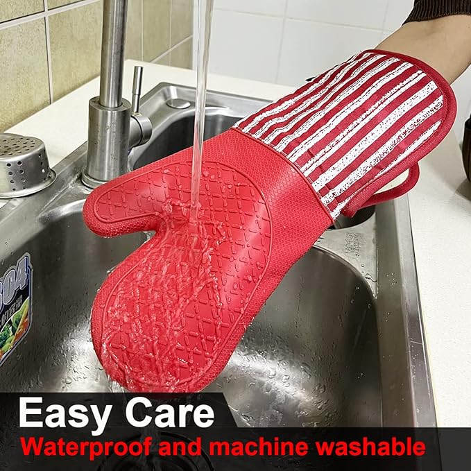 Alselo Silicone Oven Mitts Heat Resistant 932℉ with Waterproof & Non-Slip Kitchen Mittens, Set of 2 Extra Long Oven Gloves with Soft Cotton Terry Lining for Baking Cooking Barbecue (2, Red Mitts)