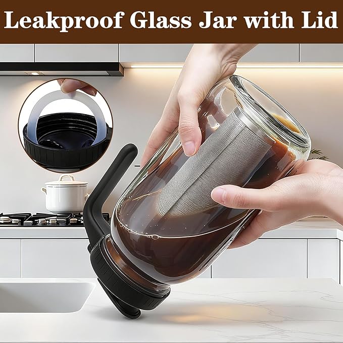 Cold Brew Coffee Maker, 64oz Mason Jar Pitcher with Airtight Lid and Stainless Steel Filter, 1 Quart Wide Mouth Glass Jar Cold Brew Coffee Kit Tea Infuser Pitcher, Coffee Lovers Gifts for Men/Women