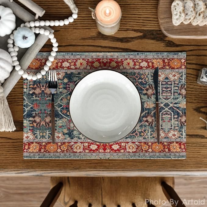 Artoid Mode Boho Bohemia Style Red Placemats Set of 4, 12x18 Inch Country Rustic Farmhouse Magical Fall Table Mats for Party Kitchen Dining Decoration