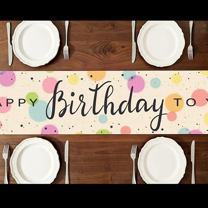 Happy Birthday Table Runner 13x72 Inch Colorful Circle Stars Farmhouse Polyester Linen Table Decoration for Kitchen Dinning, Indoor Outdoor Home Dinner Party (Rainbow)